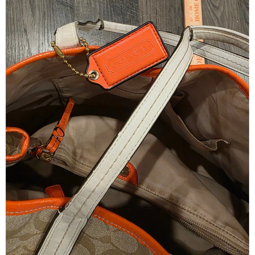 Coach‎ Heritage Stripe Drawstring Tote Bag Khaki Orange Signature Canvas F18923